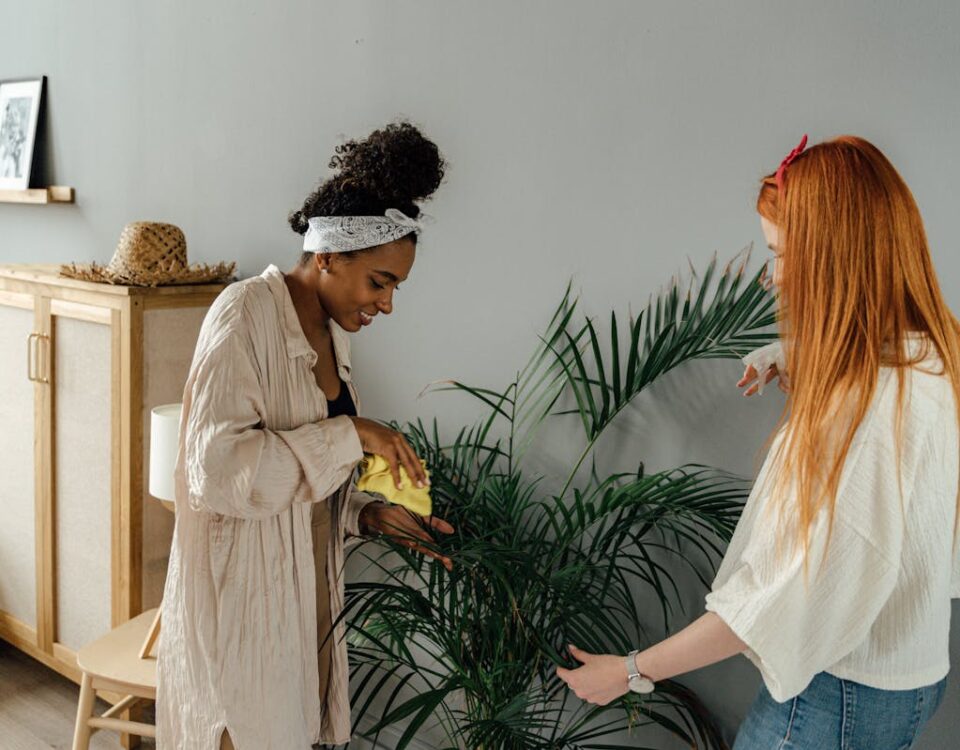 Cultivar plantas em casa é um investimento inteligente? Two women share quality time tending to a plant indoors, showcasing joy and collaboration.