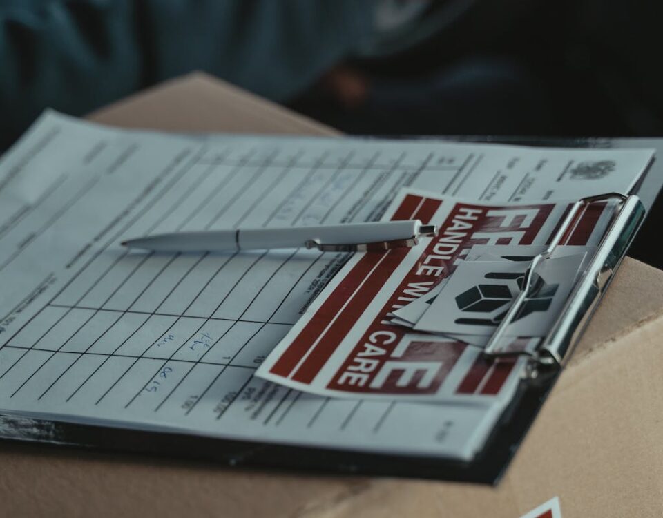 Como calcular o custo-benefício na compra de rótulos adesivos A clipboard with delivery papers and a 'Handle with Care' sticker on a cardboard box.